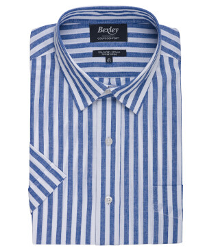 Chemise homme manches courtes bleu océan à rayures blanches - SALVIEN MC