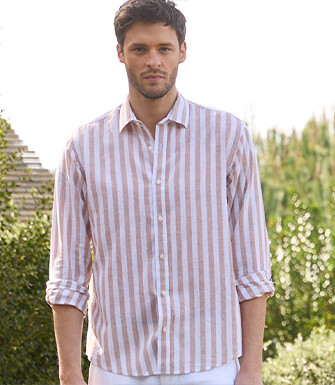 Chemise coton lin rayée Camel et Blanc - BRUNIEN