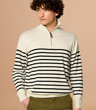 Pull col zippé marin coton bio/cachemire Ecru et Marine - VLADIAC