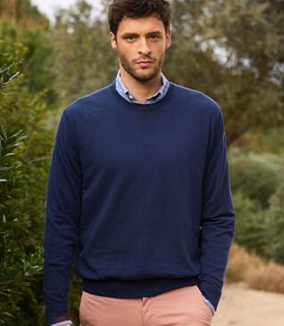 Pull homme coton-bio/lin col rond Navy Denim - CLINDMIR
