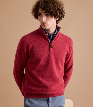 Pull col zippé homme laine Rouge et Bleu Foncé Chiné - KEYDEN