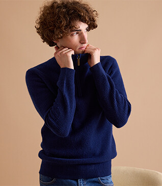 Pull col zippé homme laine Bleu Navy - KENTHAN