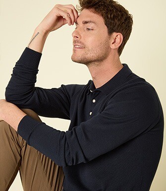 Pull tricot 100% coton Marine - Col Polo - BRAIDEN ML