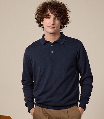 Pull tricot 100% coton Bleu Pétrole - Col Polo - BRAIDEN ML