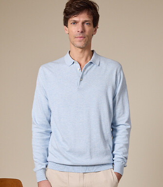 Pull tricot 100% coton Bleu Ciel Chiné - Col Polo - BRAIDEN ML