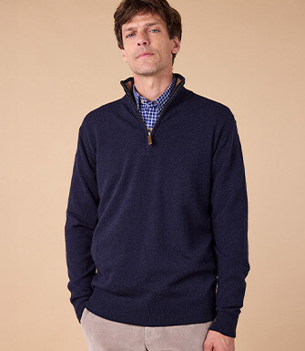 Pull col zippé homme laine - Marine et Noisette Chiné - KEYDEN II