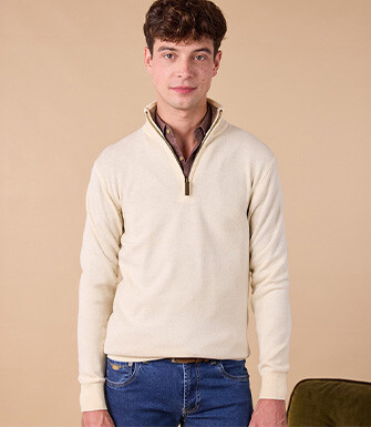 Pull col zippé homme laine - Ecru et Taupe Chiné Clair - KEYDEN II