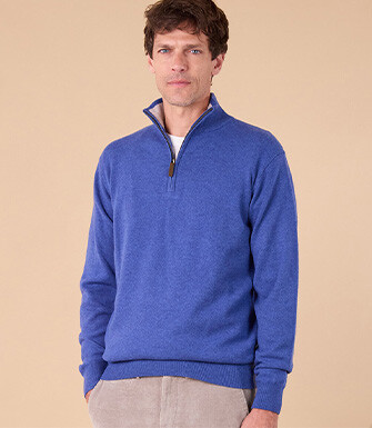Pull col zippé homme laine - Bleu Jean Chiné et Beige Clair - KEYDEN II