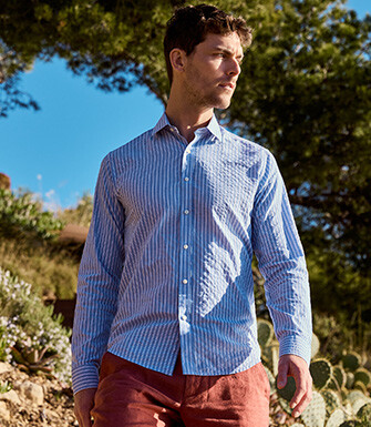 Chemise homme bleue à fines rayures blanches - FOLBERT