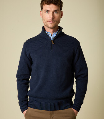 Pull col zippé en coton épais - Navy - VALDRIK