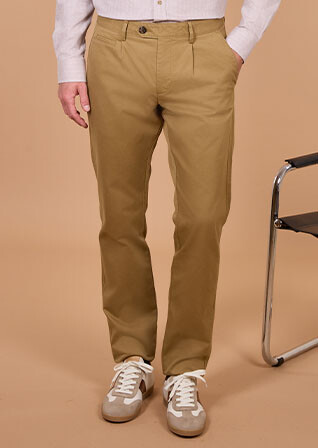 Pantalon chino homme camel foncé à pince en twill - KAYNAN
