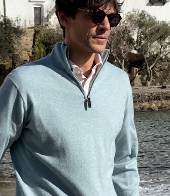 Pull fin homme coton bio/cachemire col zippé Bleu Pastel - VLAD