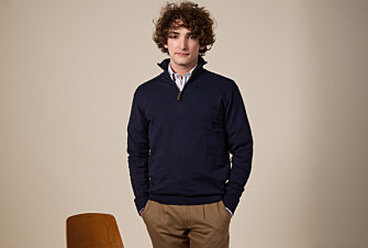 Pull col zippé homme fin coton bio/cachemire Navy - VLAD