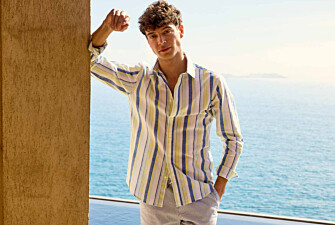 Chemise en coton et lin à rayures bleu, jaune et vert clair - EDIBERT