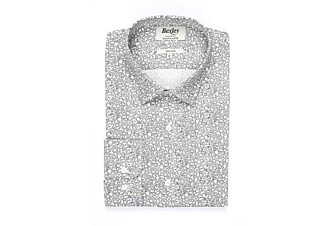 Chemise coton taupe imprimée fleurs blanches et bleues - VICTORIEN