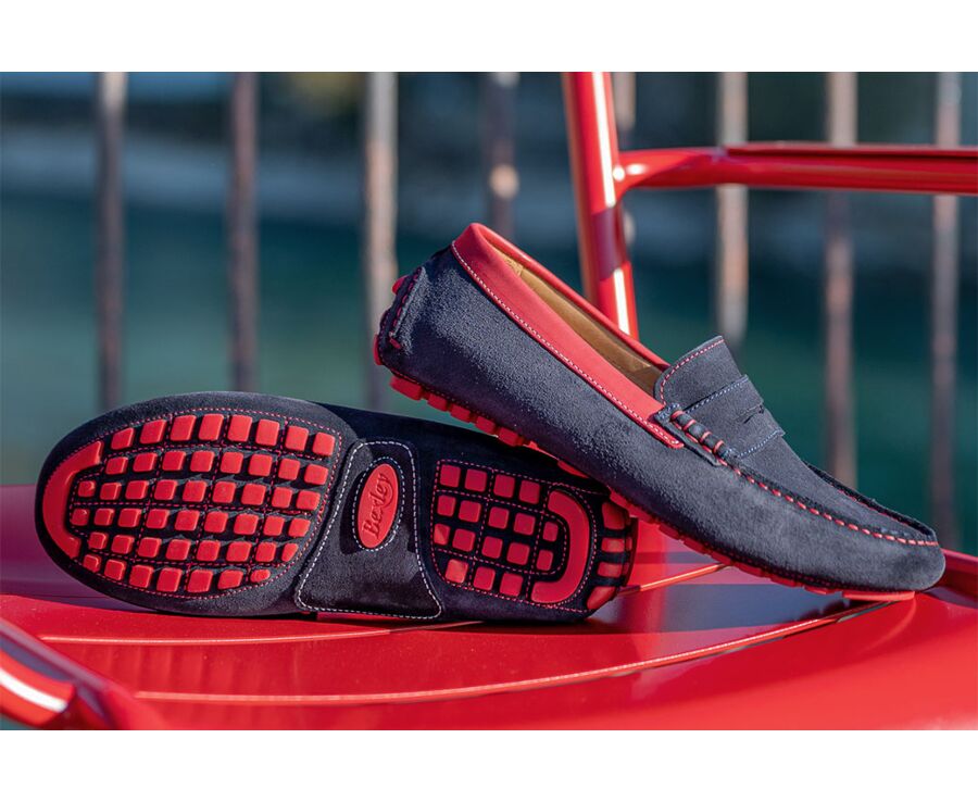 Mocassin été homme cuir Velours Marine et cuir rouge - FERGUSON