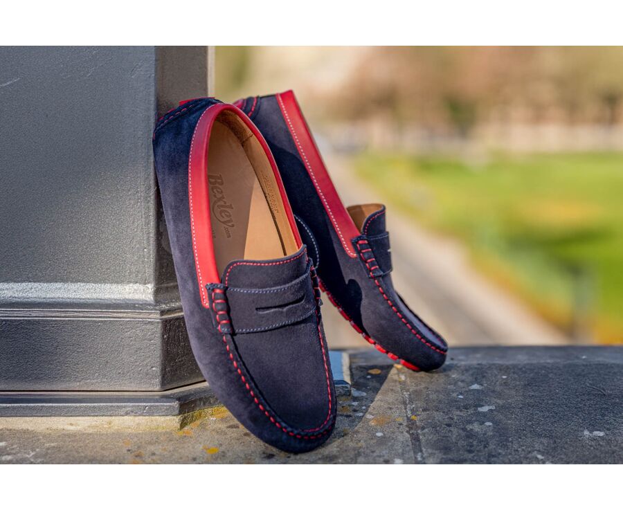 Mocassin été homme cuir Velours Marine et cuir rouge - FERGUSON