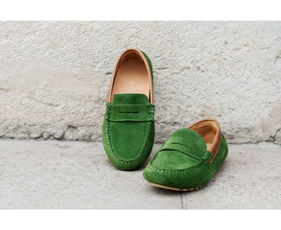 Mocassin été homme Velours Vert bordure Chataigne - FERGUSON