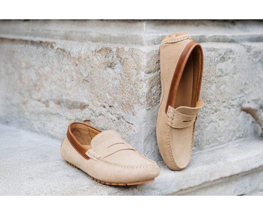 Mocassin été homme Velours Beige Bordure Châtaigne - FERGUSON