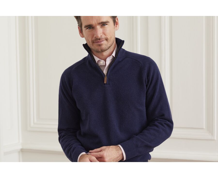 Pull col zippé homme laine Navy - KENNETH