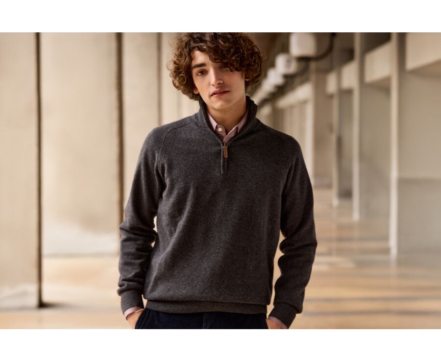 Pull homme laine col zippé Gris Anthracite Chiné - KENNETH
