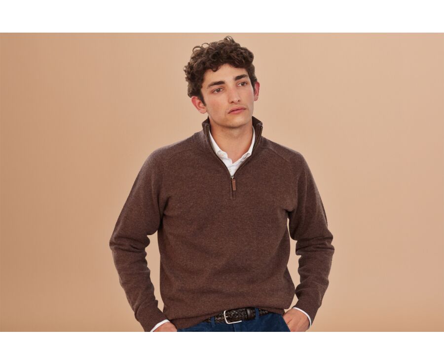 Pull col zippé homme laine Chocolat Chiné - KENNETH