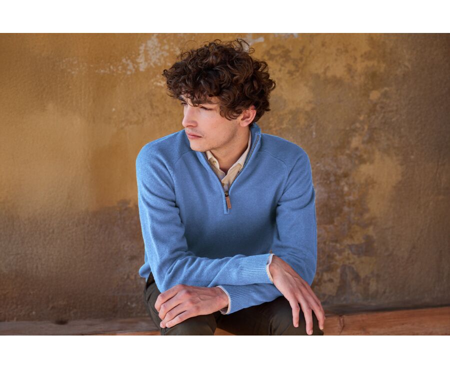 Pull col zippé homme Bleu Chiné - KENNETH