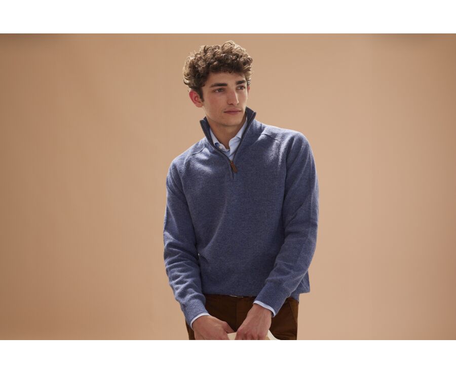 Pull homme laine col zippé Bleu Foncé Chiné - KENNETH
