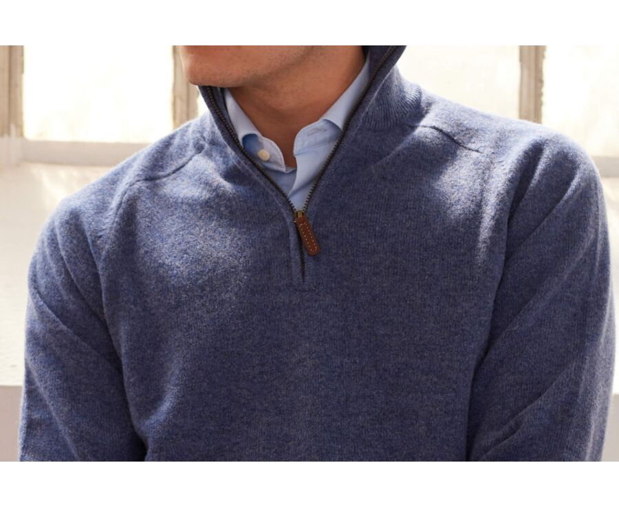 Pull homme laine col zippé Bleu Foncé Chiné - KENNETH