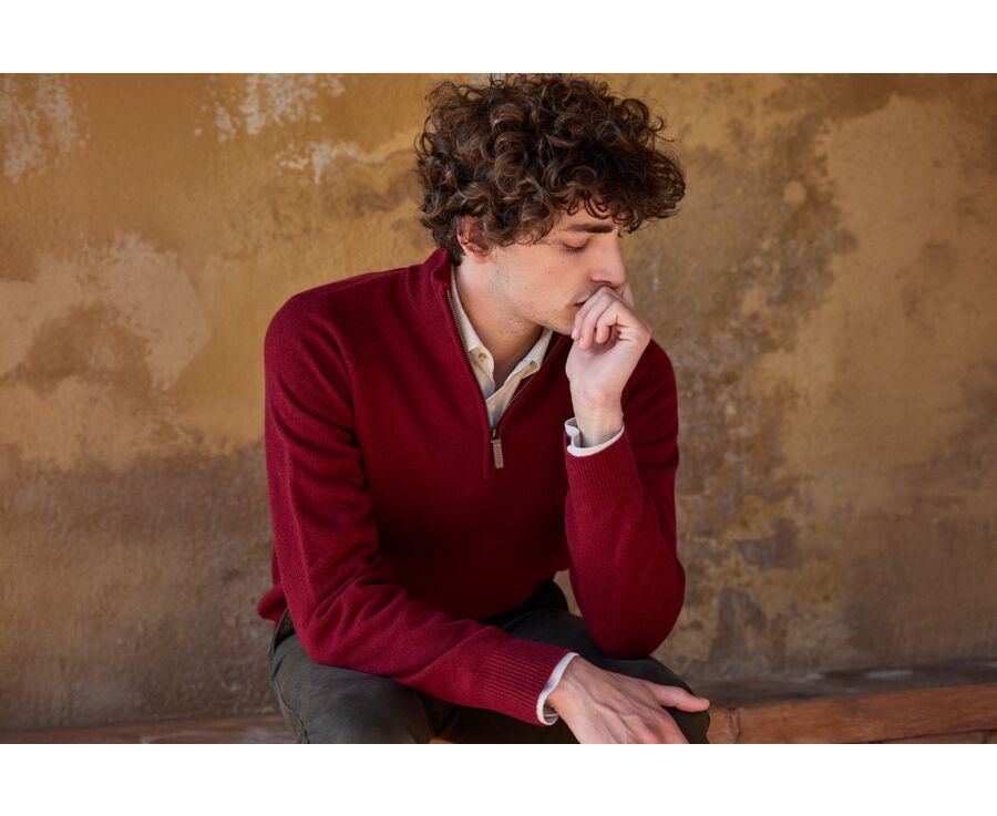 Pull homme laine col zippé Rouge Sombre - KENNETH