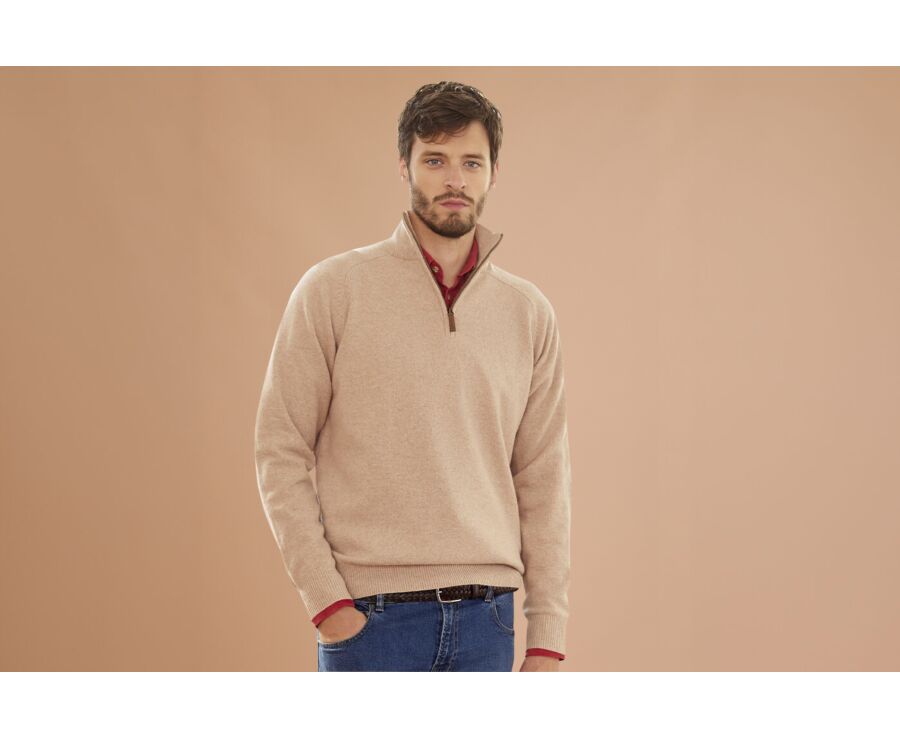 Pull homme laine col zippé Beige Chiné - KENNETH