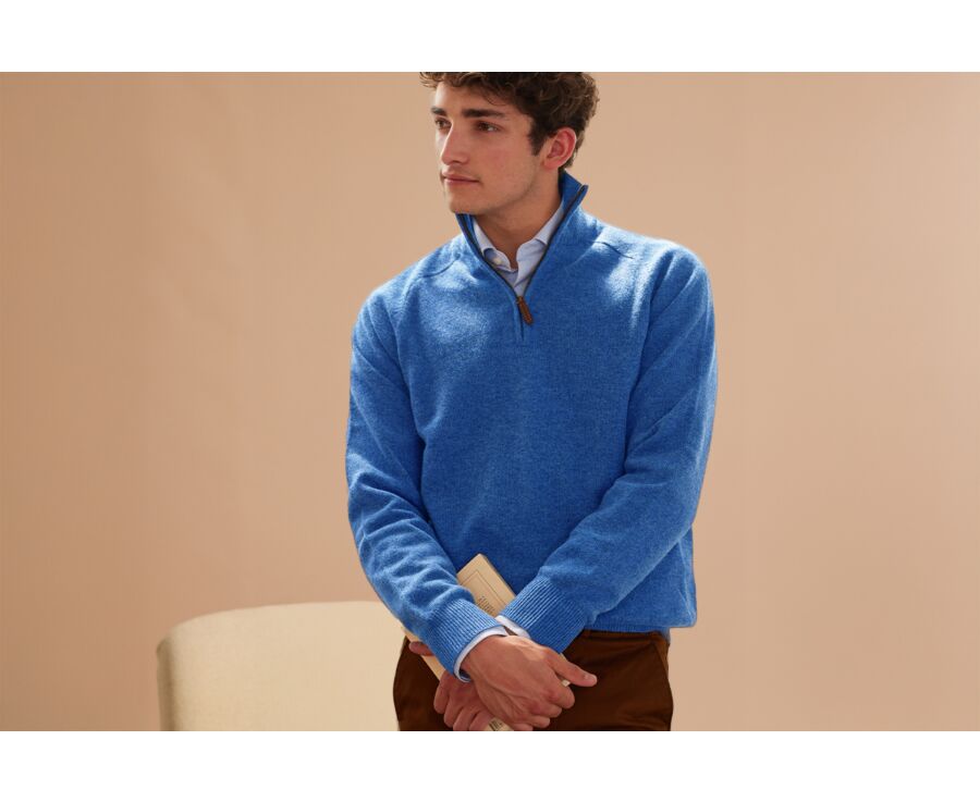 Pull homme laine col zippé Bleu mer - KENNETH