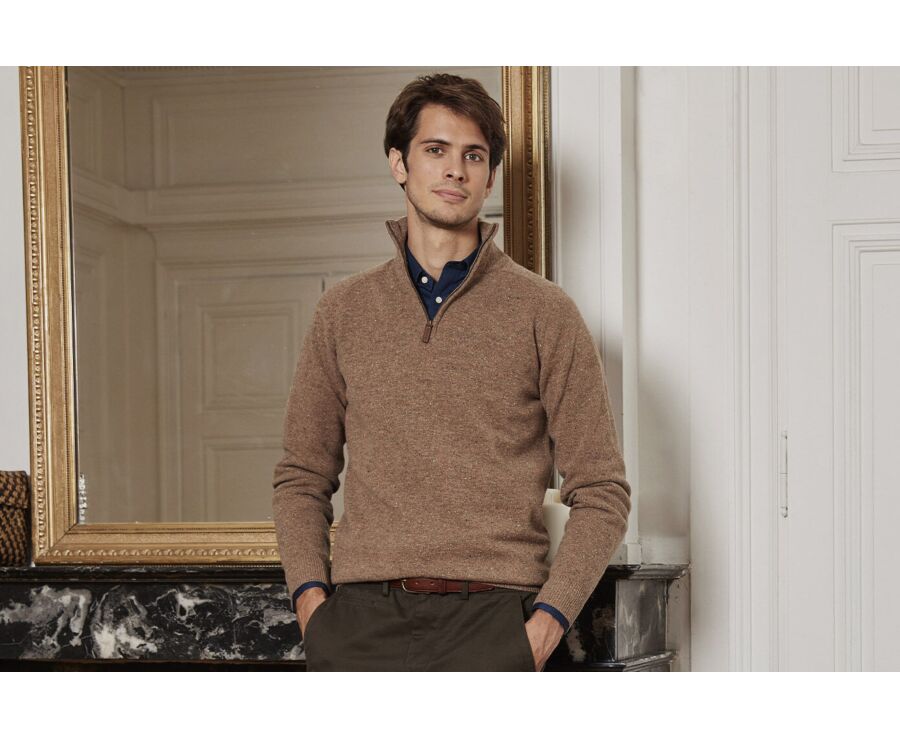 Pull homme laine col zippé Noisette Tweedé - KENNETH