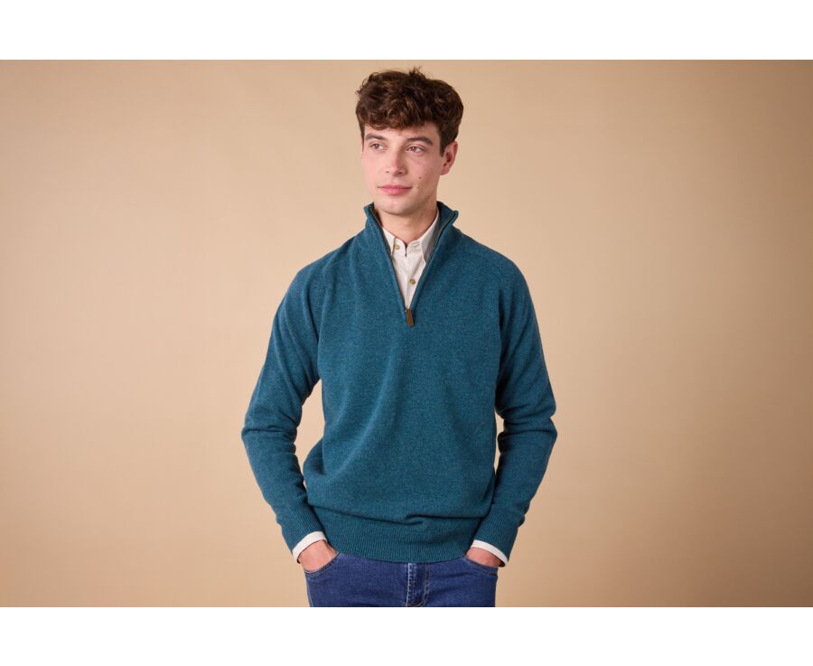 Pull homme laine col zippé - Vert Foncé Chiné - KENNETH