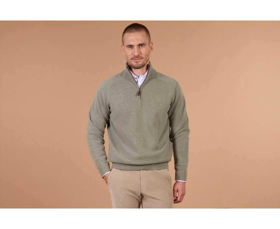 Pull homme col zippé kaki clair chiné en laine d'agneau - KENNETH