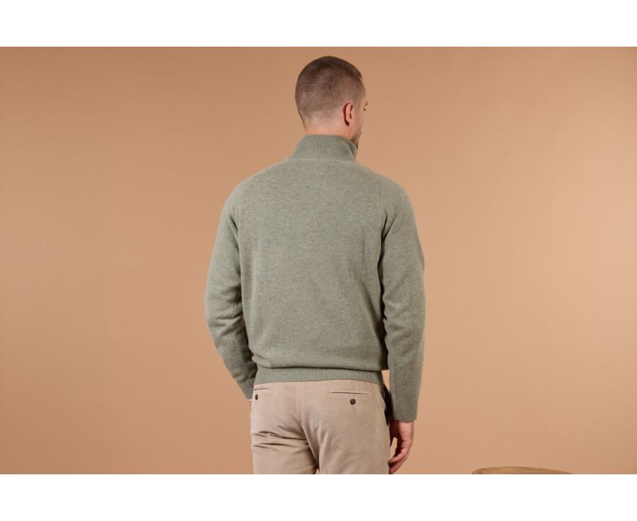 Pull homme col zippé kaki clair chiné en laine d'agneau - KENNETH