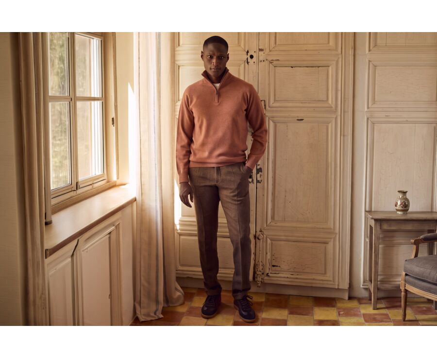 Pull homme col zippé rouille chiné en laine d'agneau - KENNETH
