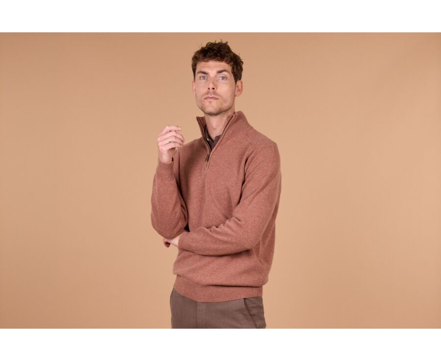 Pull homme col zippé rouille chiné en laine d'agneau - KENNETH