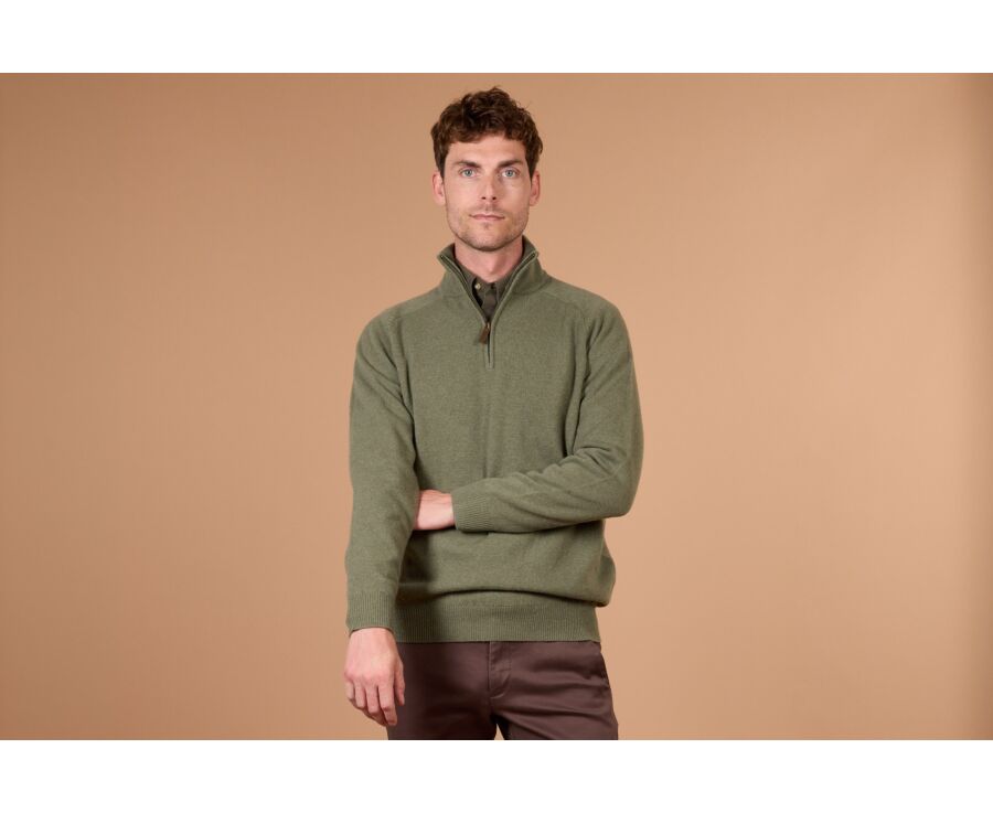 Pull homme col zippé eucalyptus chiné en laine d'agneau - KENNETH