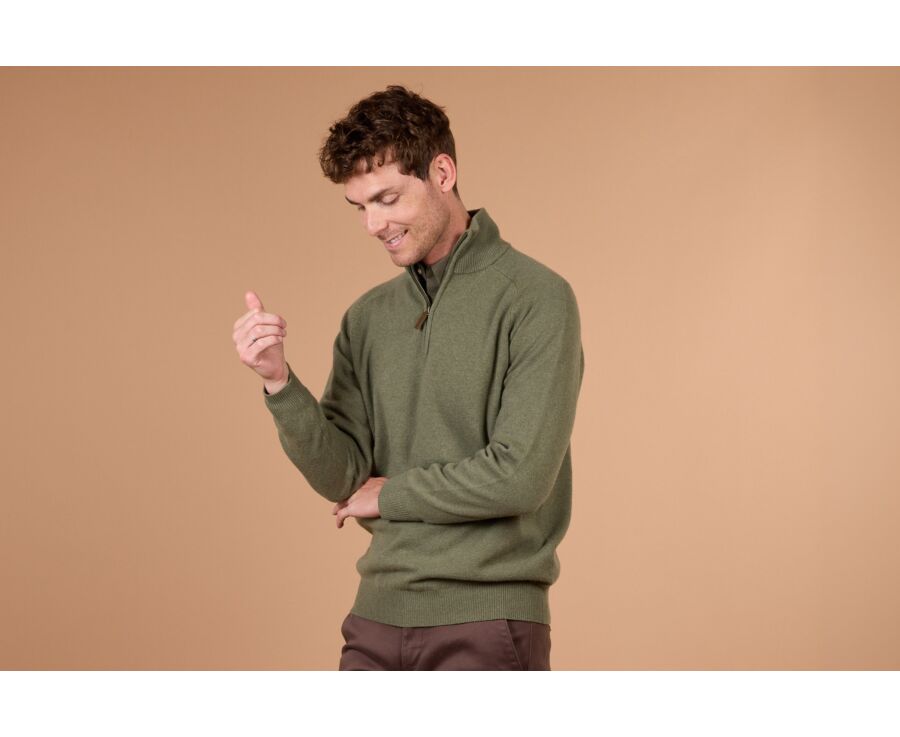 Pull homme col zippé eucalyptus chiné en laine d'agneau - KENNETH