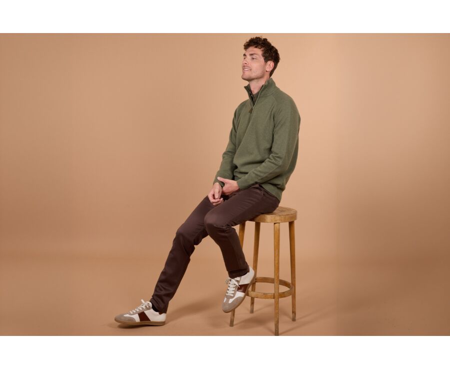 Pull homme col zippé eucalyptus chiné en laine d'agneau - KENNETH