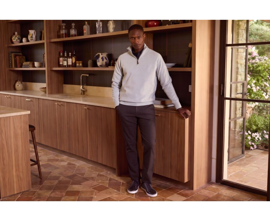 Pull homme col zippé bleu glacial chiné en laine d'agneau - KENNETH