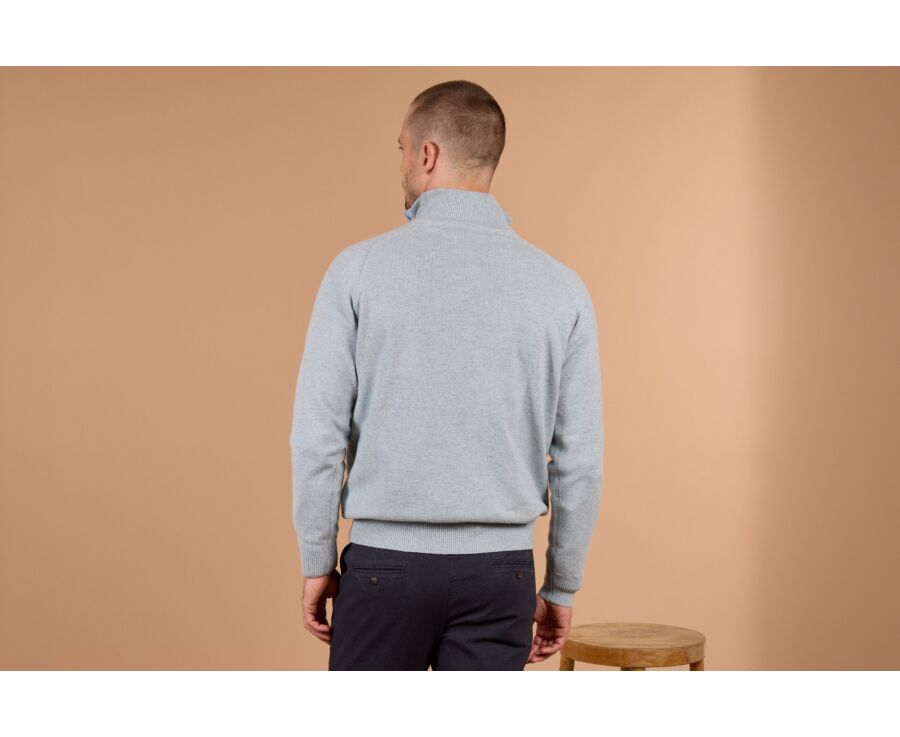 Pull homme col zippé bleu glacial chiné en laine d'agneau - KENNETH
