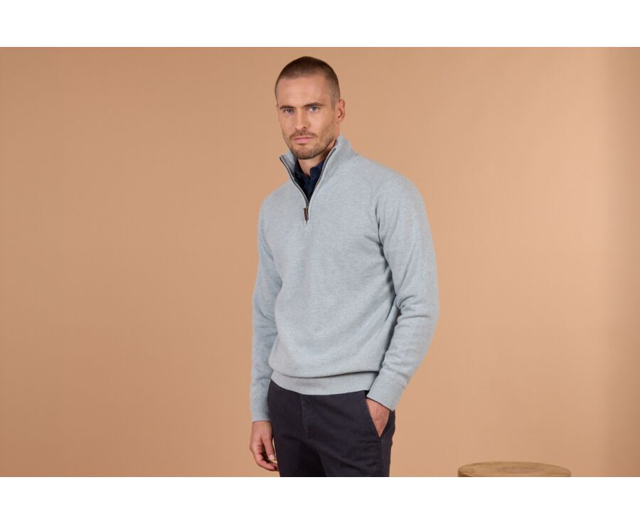 Pull homme col zippé bleu glacial chiné en laine d'agneau - KENNETH