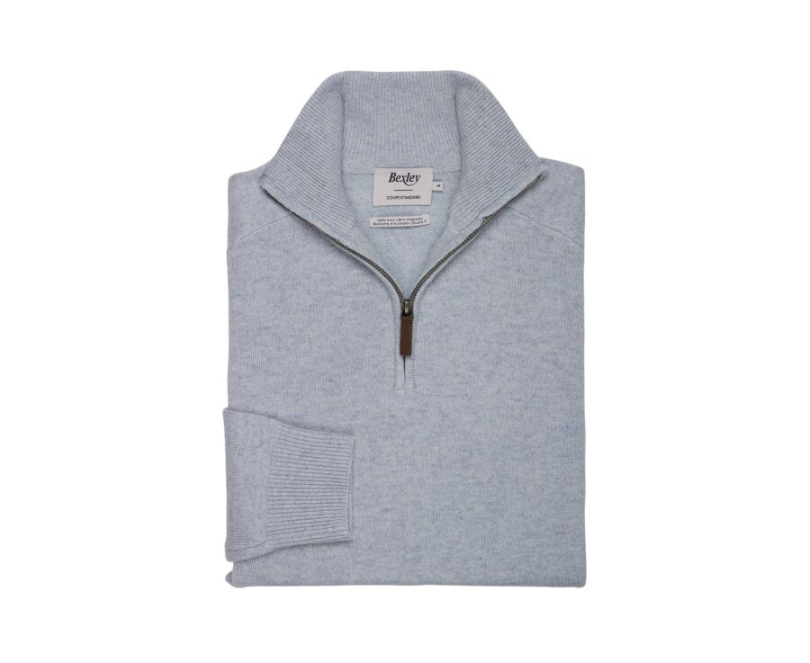 Pull homme col zippé bleu glacial chiné en laine d'agneau - KENNETH