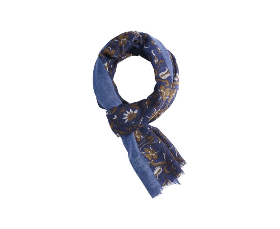Écharpe Laine Navy motif bleu Gris et Fauve