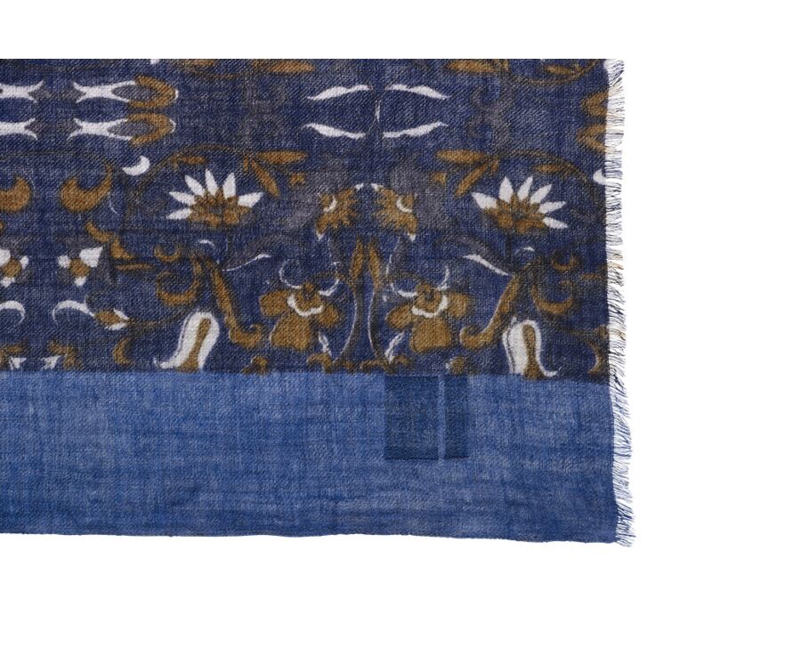 Écharpe Laine Navy motif bleu Gris et Fauve