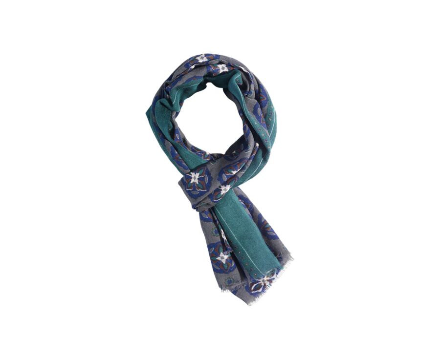Écharpe Laine Kaki motif Indigo et Vert