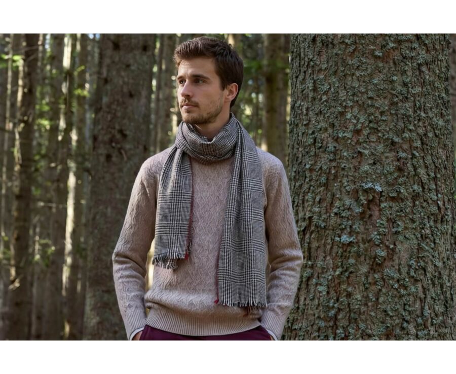Écharpe Laine Homme Carreaux Gris et Rouge