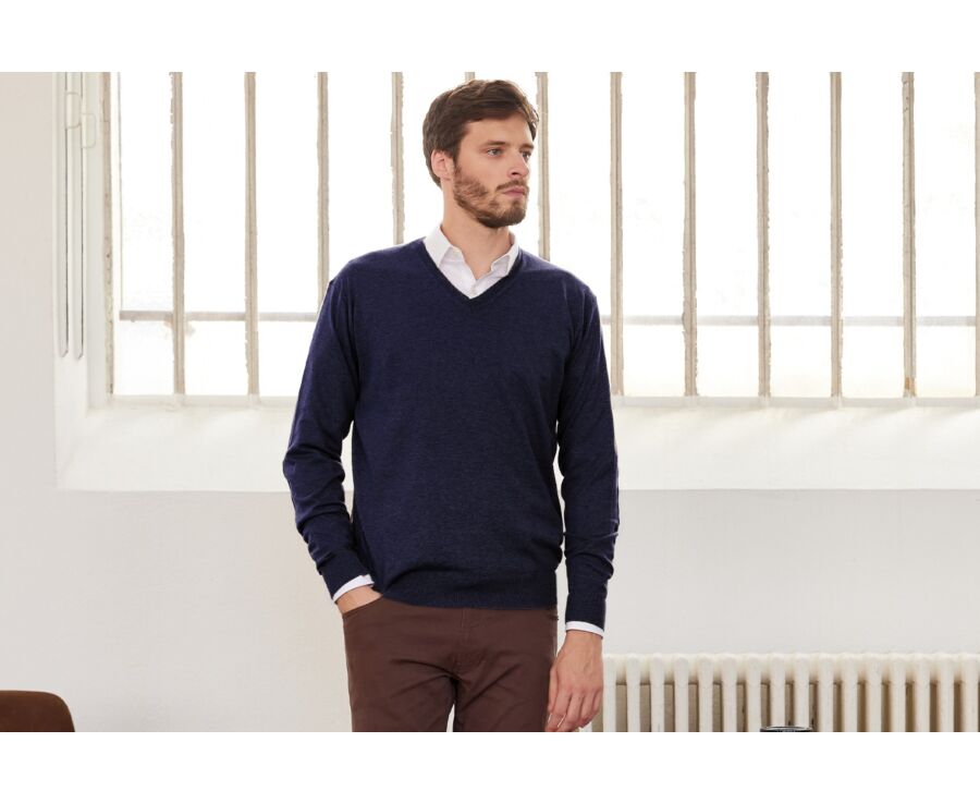 Pull fin coton bio/cachemire col V Navy - VADIM